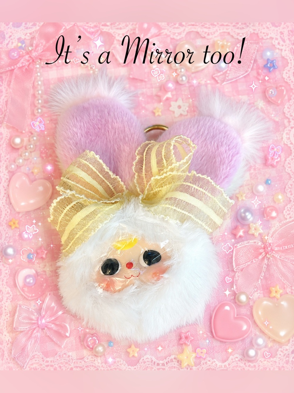Baby Three Vanity Mirror V2 Plush Compact Cute Kawaii Pink Bunny Yellow Bow Yumi